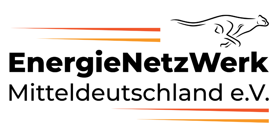 Logo des EnergieNetzWerk Mitteldeutschland e.V., dargestellt durch zwei parallele, dynamische Linien in Orange und Gelb, die zweimal versetzt im Bild erscheinen und einen modernen, energetischen Charakter vermitteln.